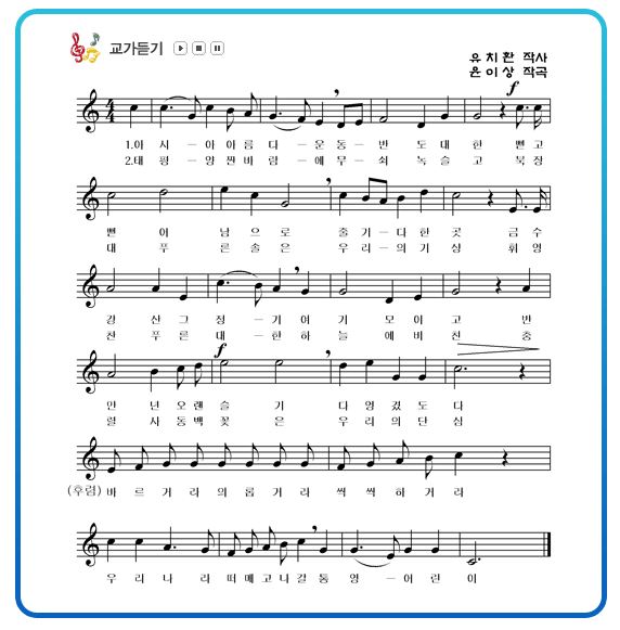 1. 아시아 아름다운 동반도 대한 뻗고
2. 태평양 짠바람에 무쇠 녹슬고 묵장

1.뻗어 남으로 줄기다한곳 금수강
2.대 푸른 솔은 우리의 기상 휘엉찬

1. 산그 정기 여기 모이고 반
2. 푸른 대한 하늘에 비친 충

1. 만 년 오랜 슬기 다엉겼도다
2. 렬 사 동백 꽃 은 우리의 단심

바르거라 의롭거라 씩씩하거라

우리나라 떠메고나갈 통영 어린이
